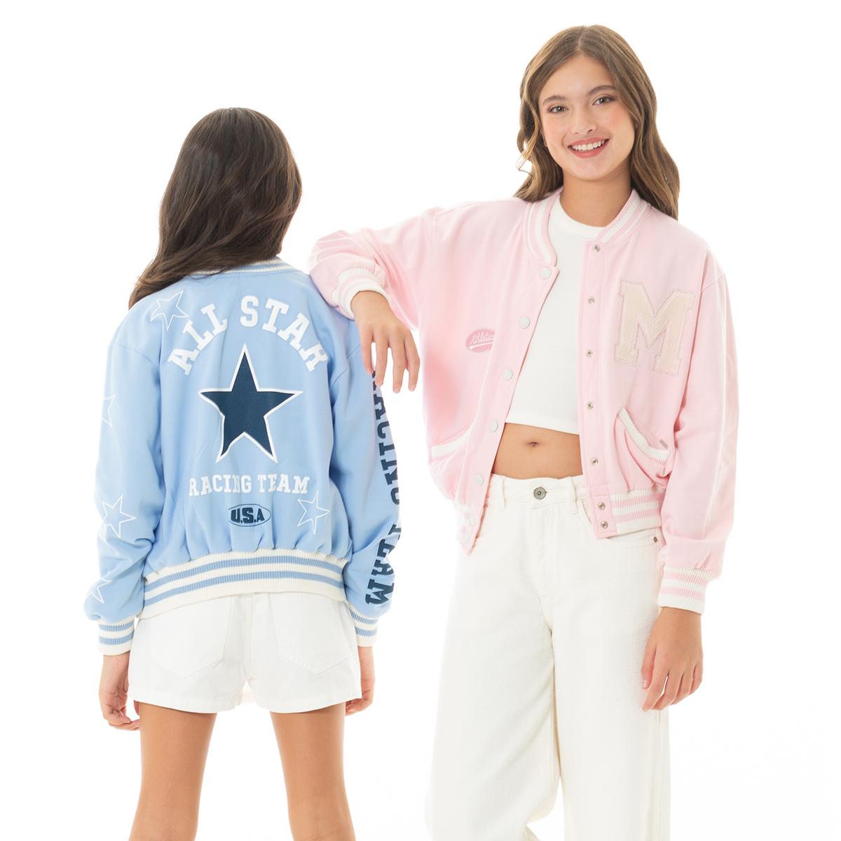 Girls’ Pink Varsity Jacket – Chenille “M” Patch – Nauty Blue Intl