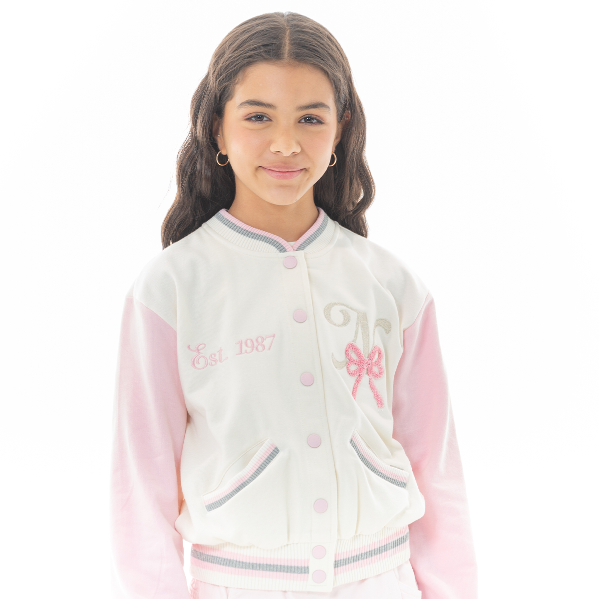 Girls Varsity Jacket with Bow Embroidery – White & Pink – Nauty Blue Intl